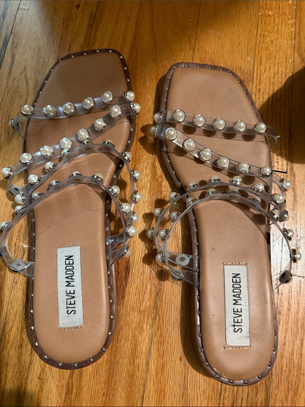 Steve Madden Tan Footbed Pearl-Embellished Clear Strap Sandals